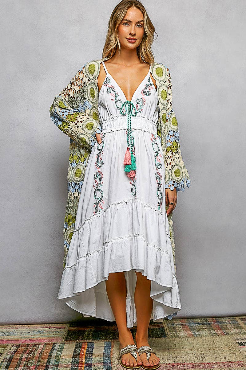 Molly Crochet Stripe Open-Knit Scalloped Long Sleeve Cardigan