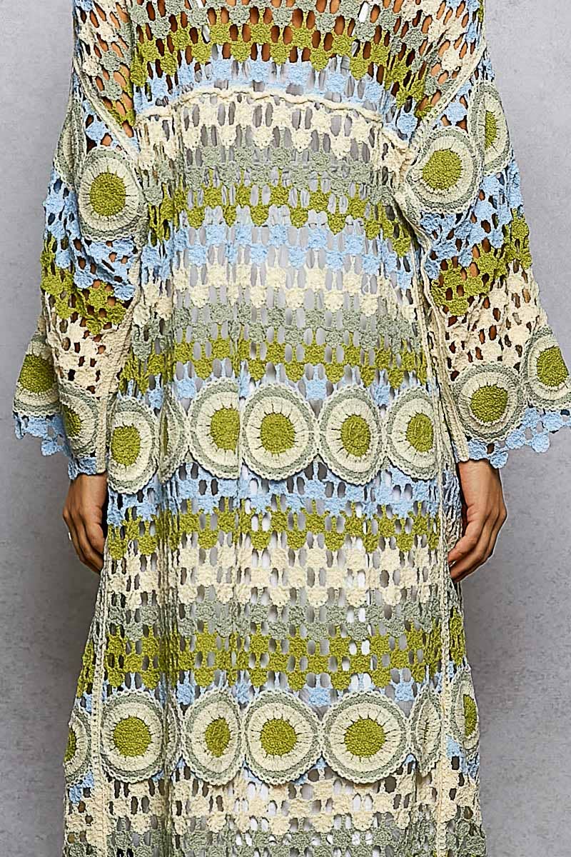 Molly Crochet Stripe Open-Knit Scalloped Long Sleeve Cardigan