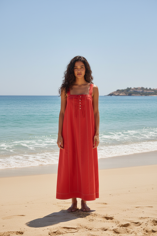 ELLA TOP STITCH & BUTTON DETAIL STRAP MIDI DRESS