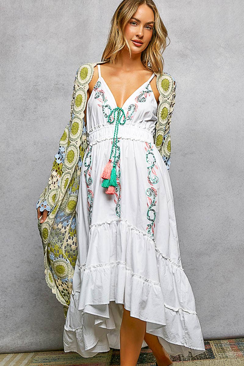 Molly Crochet Stripe Open-Knit Scalloped Long Sleeve Cardigan