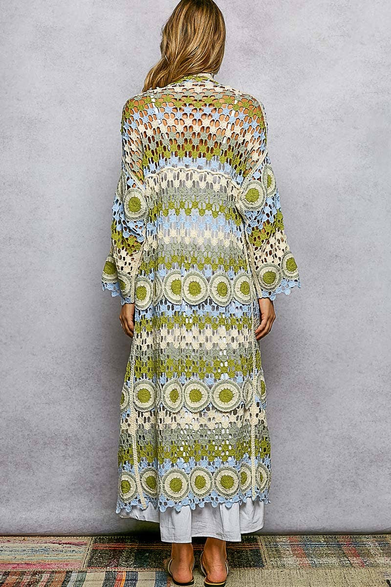 Molly Crochet Stripe Open-Knit Scalloped Long Sleeve Cardigan