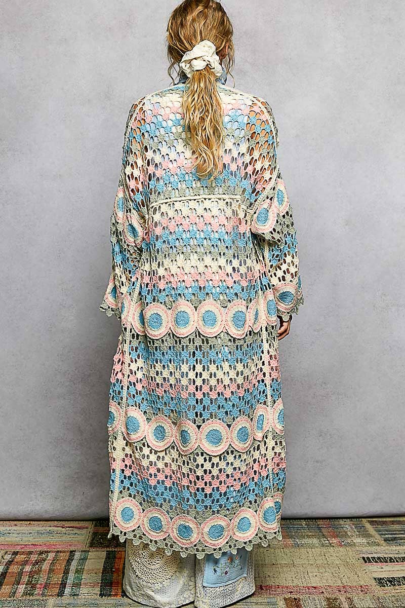 Molly Crochet Stripe Open-Knit Scalloped Long Sleeve Cardigan