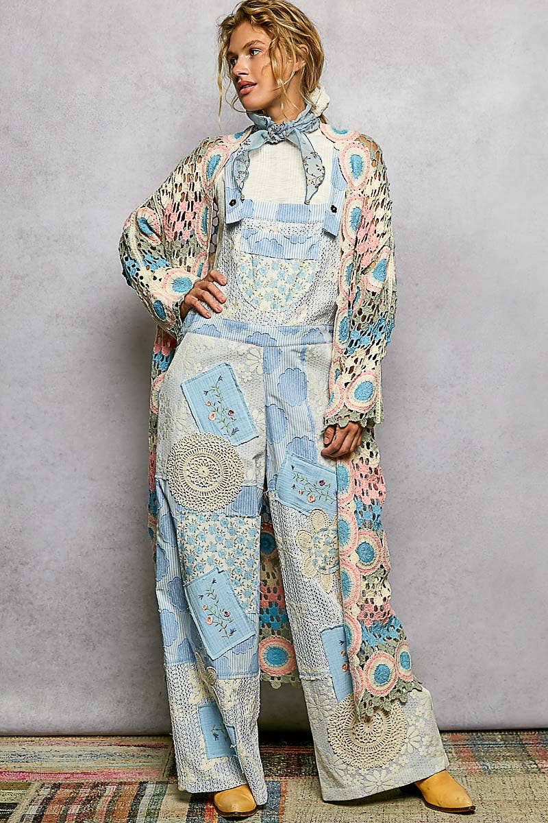 Molly Crochet Stripe Open-Knit Scalloped Long Sleeve Cardigan