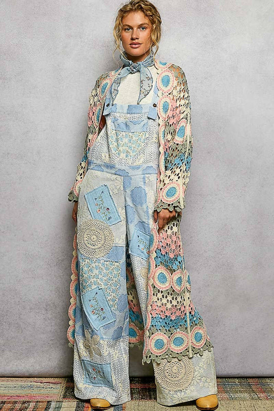 Molly Crochet Stripe Open-Knit Scalloped Long Sleeve Cardigan