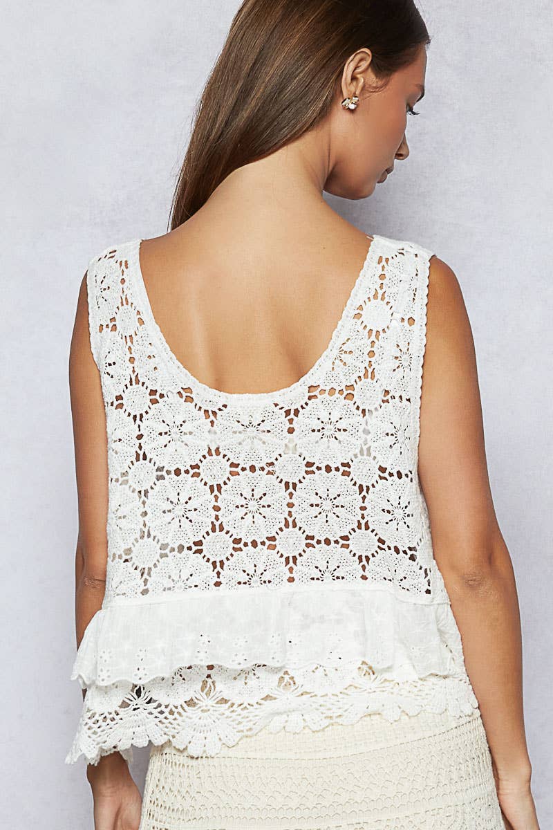 Cindy Round neck ruffle embroidered eyelet crochet top