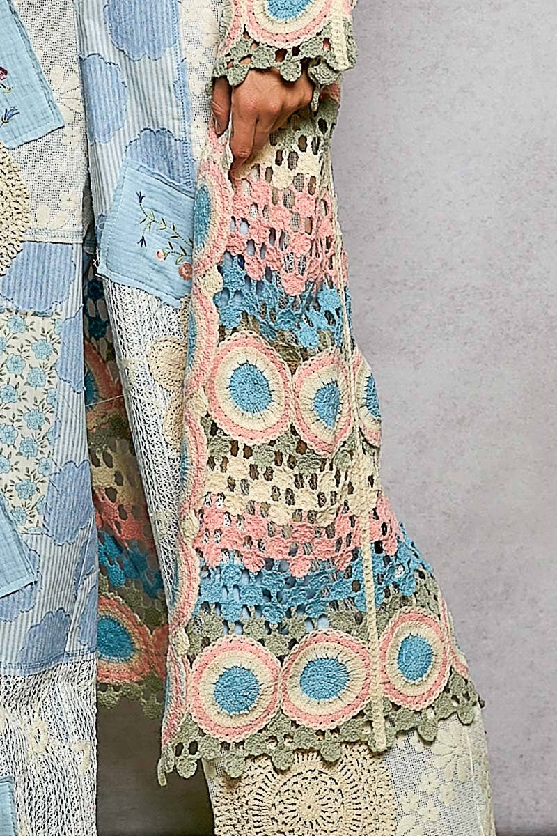 Molly Crochet Stripe Open-Knit Scalloped Long Sleeve Cardigan