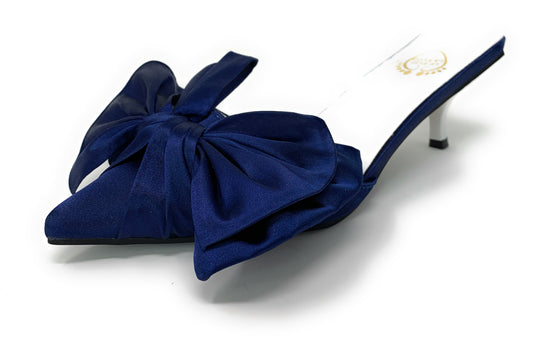 Angelica Satin Bow Kitten Heels - Navy - Le Flip La Flop