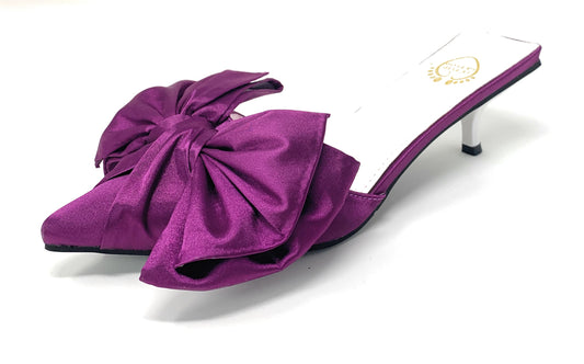 Angelica Satin Bow Kitten Heels - Plum - Le Flip La Flop