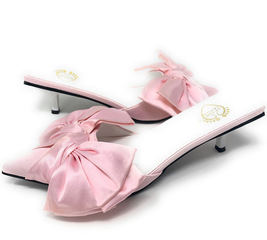 Angelica Satin Bow Kitten Heels - Bubble Gum - Le Flip La Flop