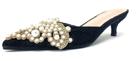 Bella Pearl Women's Kitten Heel Pumps Pearl Embellished - Black - Le Flip La Flop