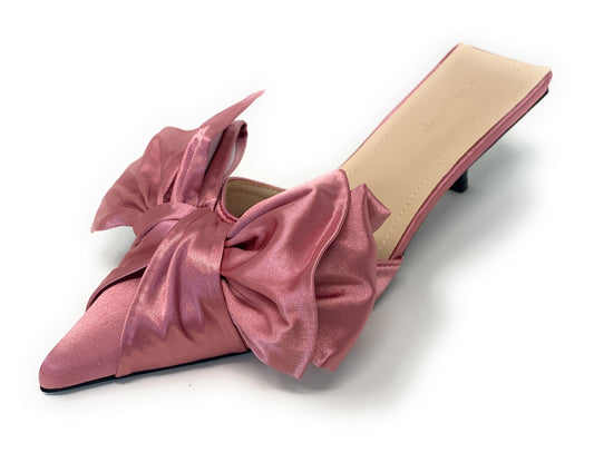 Angelica Satin Bow Kitten Heels - Pink Grapefruit - Le Flip La Flop